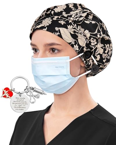 Fall Satin Lined Bouffant Scrub Nurse Cap with 4 Buttons and Sweatband - Adjustable