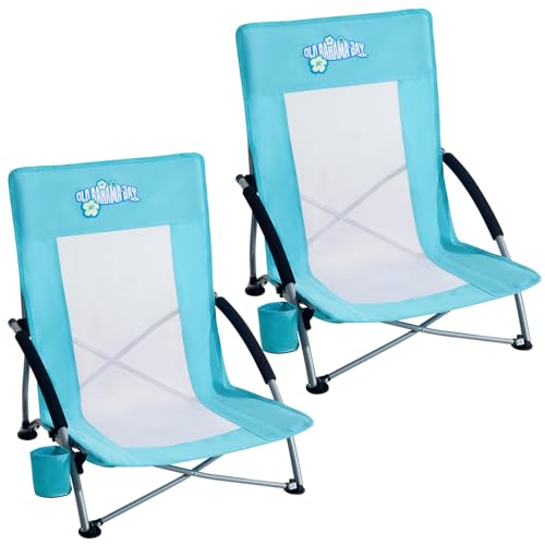 Green Folding Beach Chair for Adults with Cup Holder Mesh Back Support 2 Pack