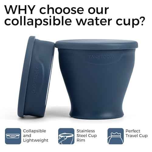 TakeToday Collapsible Travel Cup - Silicone Foldable Water Cup, BPA-Free with Lid & Waterproof Bag - Drinking Cup Set for Camping, Outdoors & International Travel£¨8 Oz, Navy£©
