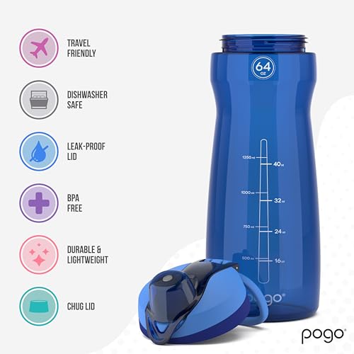 Large 64oz Plastic Water Bottle with Chug Lid & Carry Loop - Blue