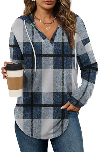 Plaid Blue Oversized Hoodie for Women - Long Sleeve Loose Fit Pullover