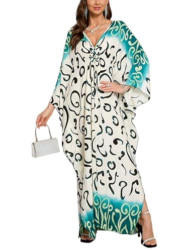 Plus Size Kaftan Dress for Women Abstract Pattern One Size African Moo Moo Batwing Beach Cover Up