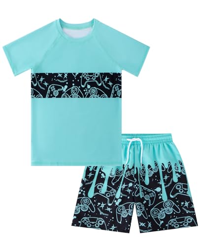 Boys Rash Guard Swimsuit 2-Piece Set with Shirt - Turquoise 11-12Y