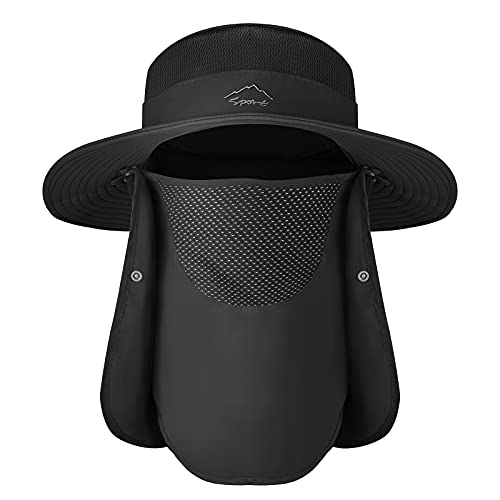 Black UPF 50+ Waterproof Sun Hat with Removable Face Cover & Neck Flap - Men Women Bucket Hat