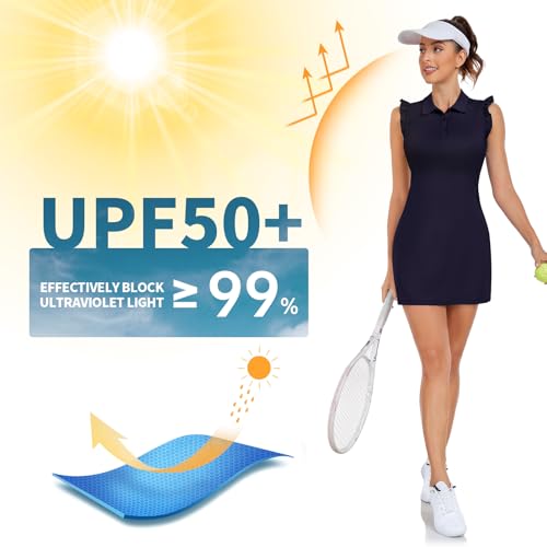 WOWENY Tennis Dress Polo with Buttons and Pockets - Medium Navy Sleeveless Athletic Workout Dress