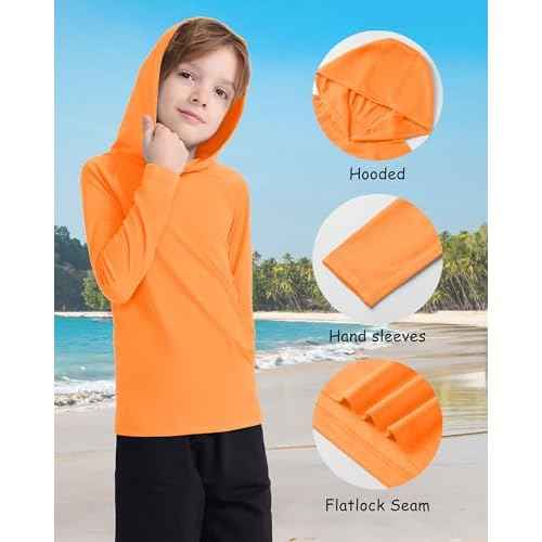 Boys' UPF 50+ Rash Guard Long Sleeve, Youth Kids UV Sun Protection SPF Swim Hoodie, Girls Water Fishing Beach Hooded Shirt