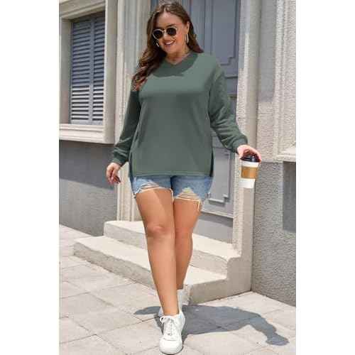 Eytino Plus Size Sweatshirts for Women Oversized V Neck Long Sleeve Pullover Tops 2025 Fall Fashion Outfit Clothes(1X-5X)