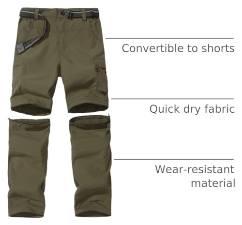 Boy's Convertible Hiking Pants - Lightweight Quick Dry Cargo Trousers, 12-14 Years, Army Green
