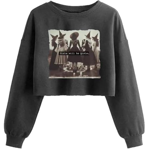 Women's Witch Crop Sweatshirt Fall Halloween Vintage Graphic Lantern Long Sleeve Pullover Spooky Season Sweatshirt