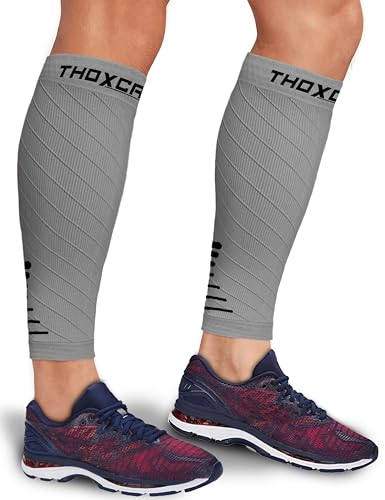 Calf Compression Sleeve for Men & Women - Footless Leg Support for Running & Recovery, Large, Gray/Black