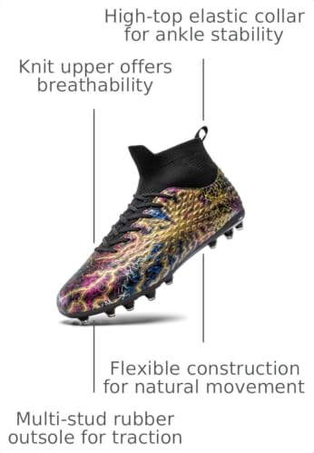 Unisex Soccer Cleats High-Top Training Football Shoes Black Gold 10 Women / 8.5 Men