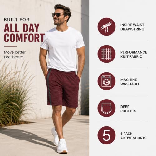Essential Elements Men's 5 Pack Dry-Fit Athletic Gym Shorts Large Charcoal Maroon Grey Navy Black