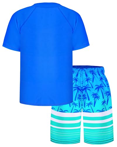 Boys Rash Guard and Swim Trunks Outfit Set - Blue Coconut Tree, 12-14 Years