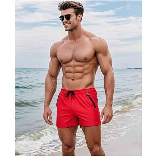 Men¡¯s Swim Trunks Slim-Fit 5" Inseam Mesh Lining Zipper Pockets Swimwear Quick-Dry Bathing Suits for Men, XS-2XL