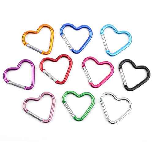 10pcs Heart Shaped Carabiner, Aluminium Alloy Cute Carabiner Clip Snap Hook Key Holder Heart Keychain Clip Key Ring for Camping Backpack Water Bottle Key Chain