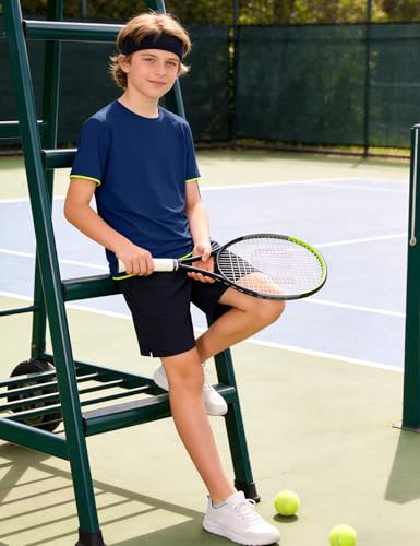 Boys Athletic Mesh Shirt - Quick Dry Short Sleeve Sports Tee - Navy 13-14 Years