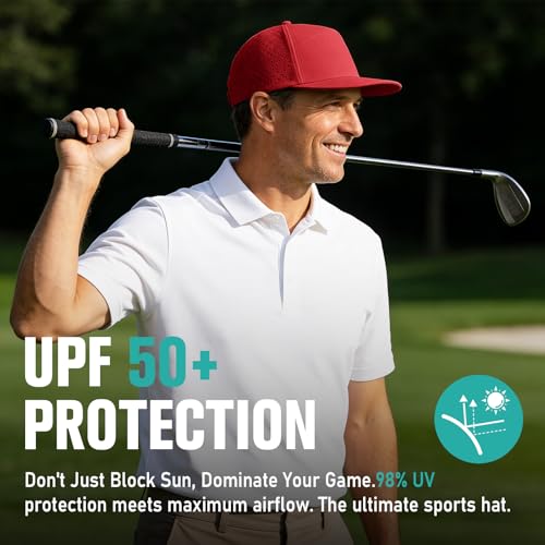 Red Flat Brim Baseball Cap for Men Adjustable Water-Resistant Breathable Performance Hat