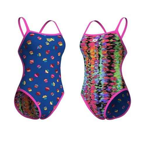 ARENA Performance Women's Reversible Challenge Back Athletic Swimsuit MaxLife One Piece Training Suit, Neon Blue/Multi