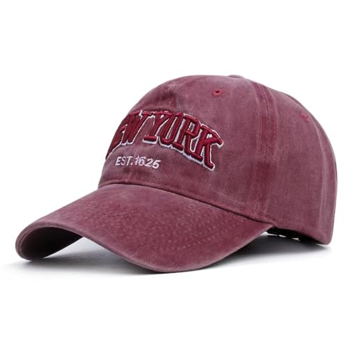 Red New York Embroidered Baseball Cap - Distressed Washed Dad Hat, Adjustable