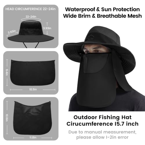 Black UPF 50+ Waterproof Sun Hat with Removable Face Cover & Neck Flap - Men Women Bucket Hat