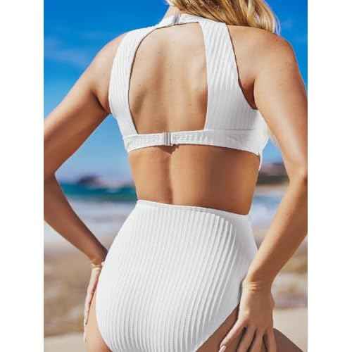 CUPSHE Women's One Piece Swimsuit High Neck Cutout Ribbed Texture Back Hook Hollow Wrapped