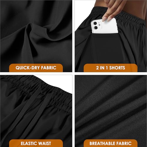 Women's 2-in-1 Running Shorts Medium Black High-Waisted Workout Gym Shorts