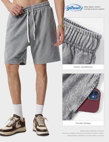 Gihuo Mens Sweat Shorts Cotton Athletic Shorts Vintage Acid Wash Drawstring XXL Blacklight Grey Khaki