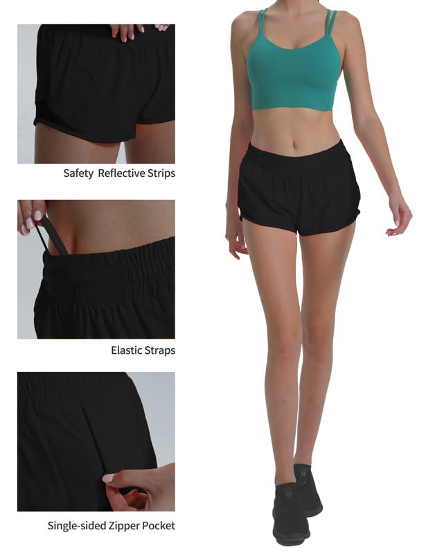 AugIris Athletic Running Shorts for Women with Zipper Pocket Soft Gym Workout Shorts with Mesh Liner Qucky Dry Black S