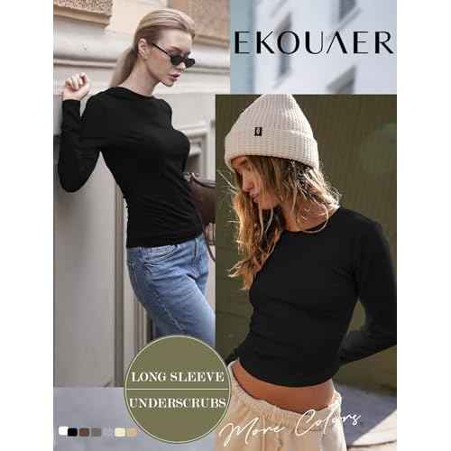Ekouaer Women Long Sleeve Shirts Ruch Side Thermal Tops Crew Neck Layering Undershirts Stretchy Slim Fit Basic Tees