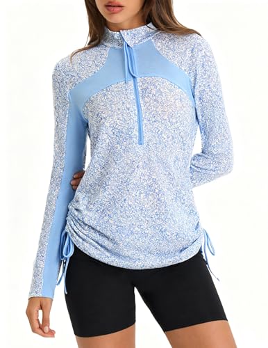 Women Rash Guard Long Sleeve Swim Shirt - Floral Light Blue Large
