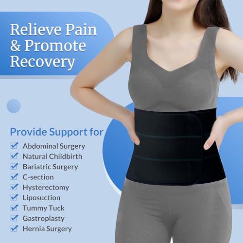 Abdominal Binder Post Surgery - Elastic Belly Band Compression Stomach Wrap Tummy Tuck Belt - Skin Friendly, Breathable, Soft - 3 Panel - Black (Size M)
