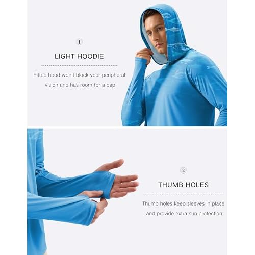 Pudolla Men's Sun Protection Hoodie Shirts UPF 50+ Rash Guard SPF Long Sleeve Fishing Shirt for Men Swim Hiking Boating