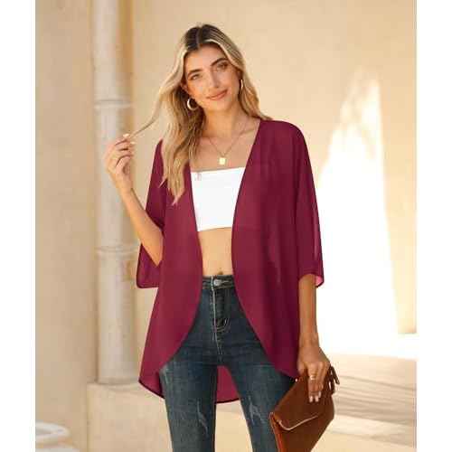 LILBETTER Women Lightweight Chiffon Cardigan Puff Sleeve Loose Beach Wear Cover Up Blouse Top