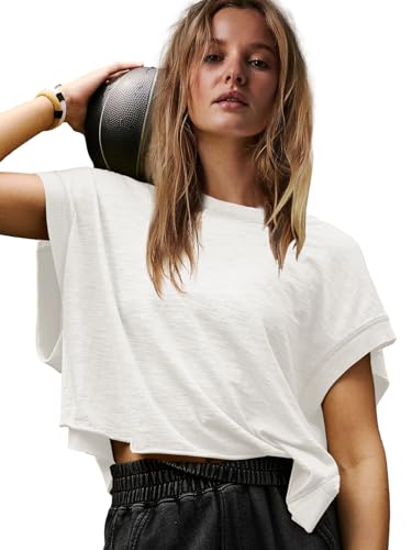 Panadila Women's Open Back Workout Tops Oversized T-Shirt - Medium White