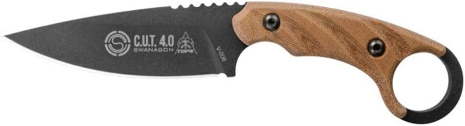 Tops Knives Cut 4.0 Full Tang Fixed Blade-Black Traction Coating Blade Finish-Black Kydex Sheath w/Beta Loop (Tan Canvas Micarta Handle)