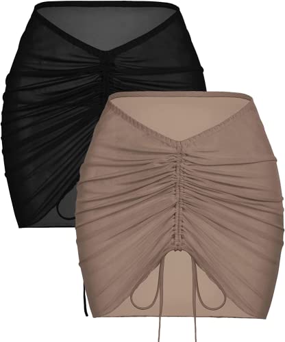 Women’s Mesh Bikini Cover Up Sarong Skirt for Swimwear - Brown & Black, Medium
