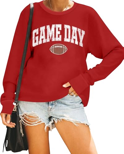Women Game Day Sweatshirt with Football Graphic Long Sleeve Pullover - Red Large