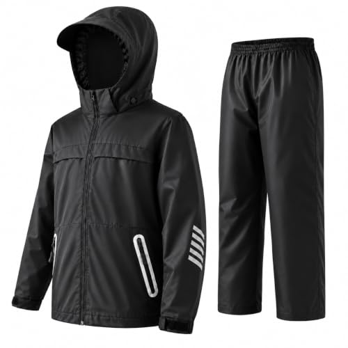 Kids Rain Jacket and Pants Set - Boys Girls Youth Rain Gear, 10-12 Years, Black