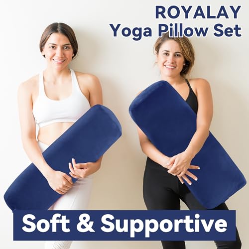Royalay Yoga Bolster Pillow Set with Carry Handles - Dark Blue, Rectangular & Cylinder for Restorative Yoga and Meditation