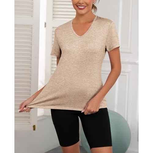 V Neck Workout Tops for Women UPF 50+ Breathable Loose Fit Short Sleeve Tee Shirt Yoga Gym Basic T Shirts