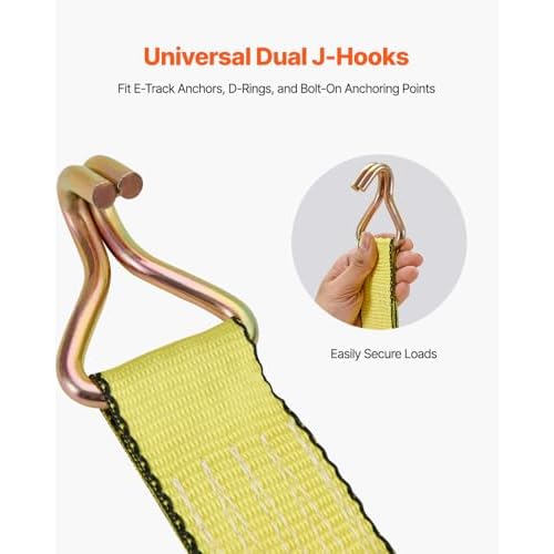 VEVOR Ratchet Tie Down Straps (4-Pack), 10000 lb Break Strength, Heavy Duty Double J Hooks, 2" x 27' with Padded Handles - Ideal for Moving, Securing Cargo, Appliances, Lawn Equipment, and More