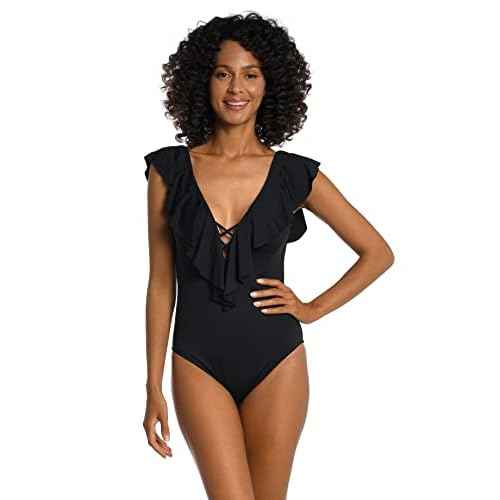 La Blanca Women's One Piece Swimsuit Over The Shoulder Ruffle Sleeve Tummy Control Island Goddess Bathing Suit