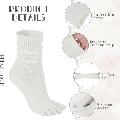 Janmercy 4 Pair Crew Five Toe Socks for Women Cotton White Solid