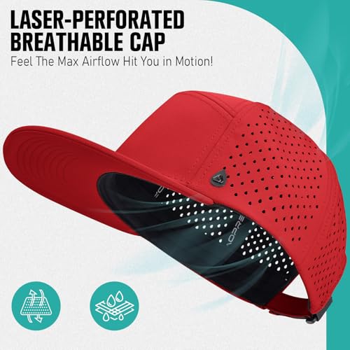 Red Flat Brim Baseball Cap for Men Adjustable Water-Resistant Breathable Performance Hat