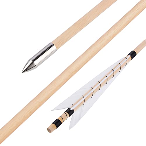 12 Pcs Wooden Arrow Shafts for Longbow Recurve Bow - 32 Inch with Feathers