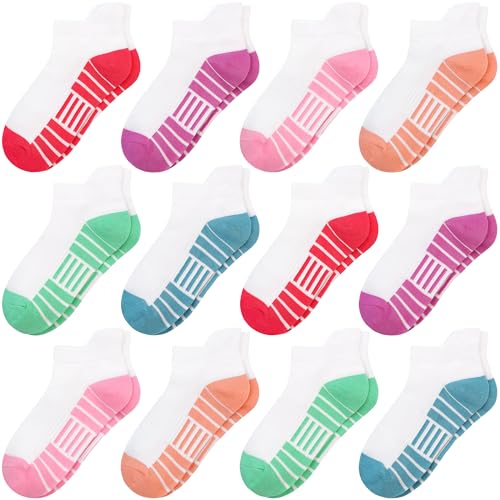 Girls Socks 12 Pairs Kids Athletic Socks with Tab 1-14 Years - Multicolor White, Size 10-14