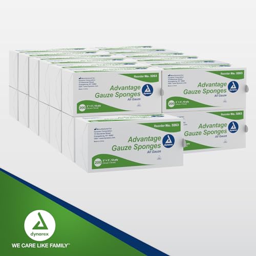 Dynarex Advantage Woven Gauze Sponges 3" x 3" - Non-Sterile 12-Ply Absorbent Cotton Gauze Pads for Wound Dressing - 200-Count Box, 20 Boxes per Bulk Case