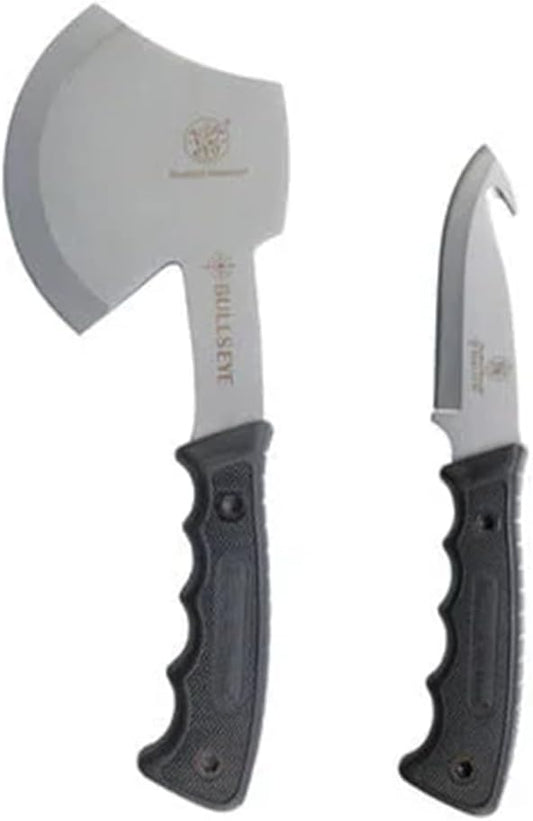 Smith & Wesson Bullseye Hatchet and Fixed Blade Guthook Knife Combo with S.S. Blade and Rubber Handle for Outdoor, Tactical, Survival and Everyday Carry