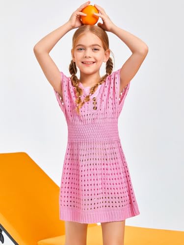 Girls Crochet Swim Cover Up with Buttons - Pink, 9-10 Years