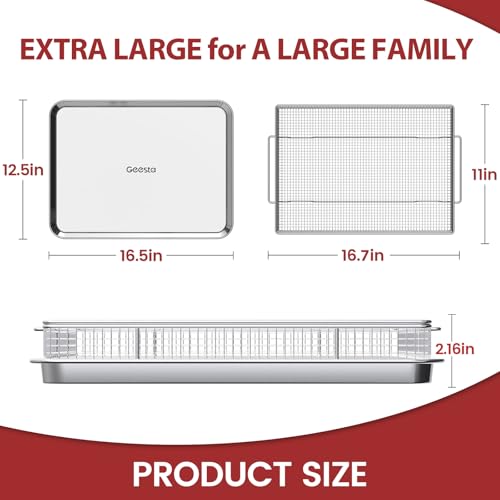 Geesta Stainless Steel Air Fryer Basket with 50 Recipes 16.5x12.5 Inch Extra Large Tray